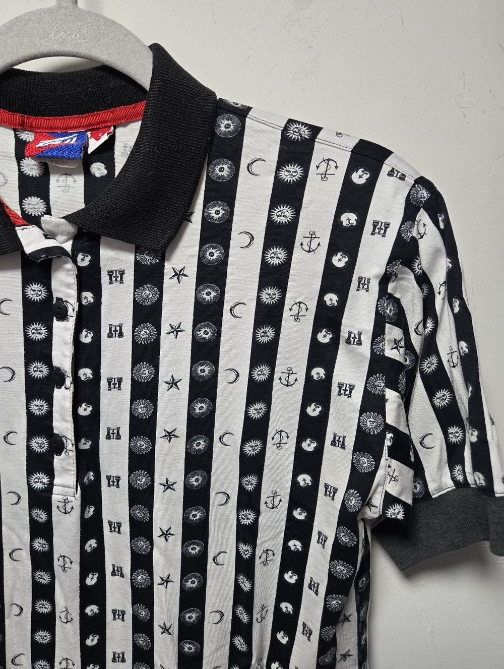 Vintage Tail Black White Stripe Polo Size Small Celestial Moon Sun Stars 90s